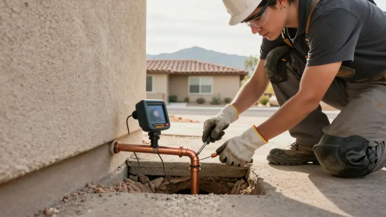 Slab Leak Repair in Avondale, Arizona: Close-up of a skilled hand wearing a work glove, expertly soldering a new copper