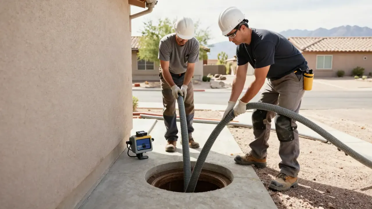 Slab Leak Repair in Avondale, Arizona: team of two licensed plumbers is coordinating the careful lowering of a long